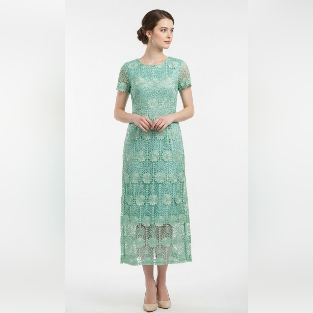 Handmade Dress Maxi Green Crochet Lace Floral Formal Fairy M/L